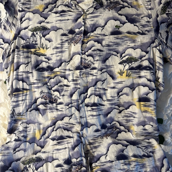 Lacoste Men's Casual Button Down Shirt - Blue and White Scenic Print - Picture 1 of 6
